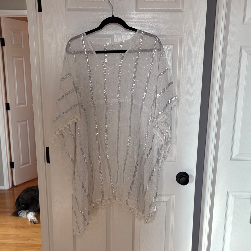 Chic White and Silver Striped Swim Coverup